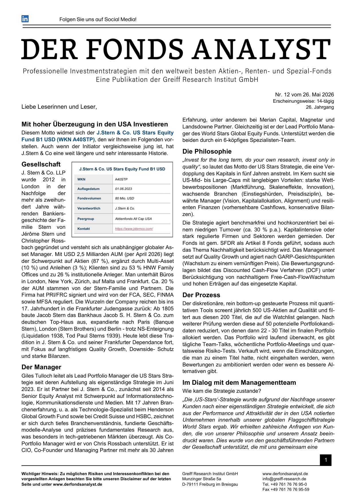 DER FONDS ANALYST: kostenloser Sonderdruck zum Download