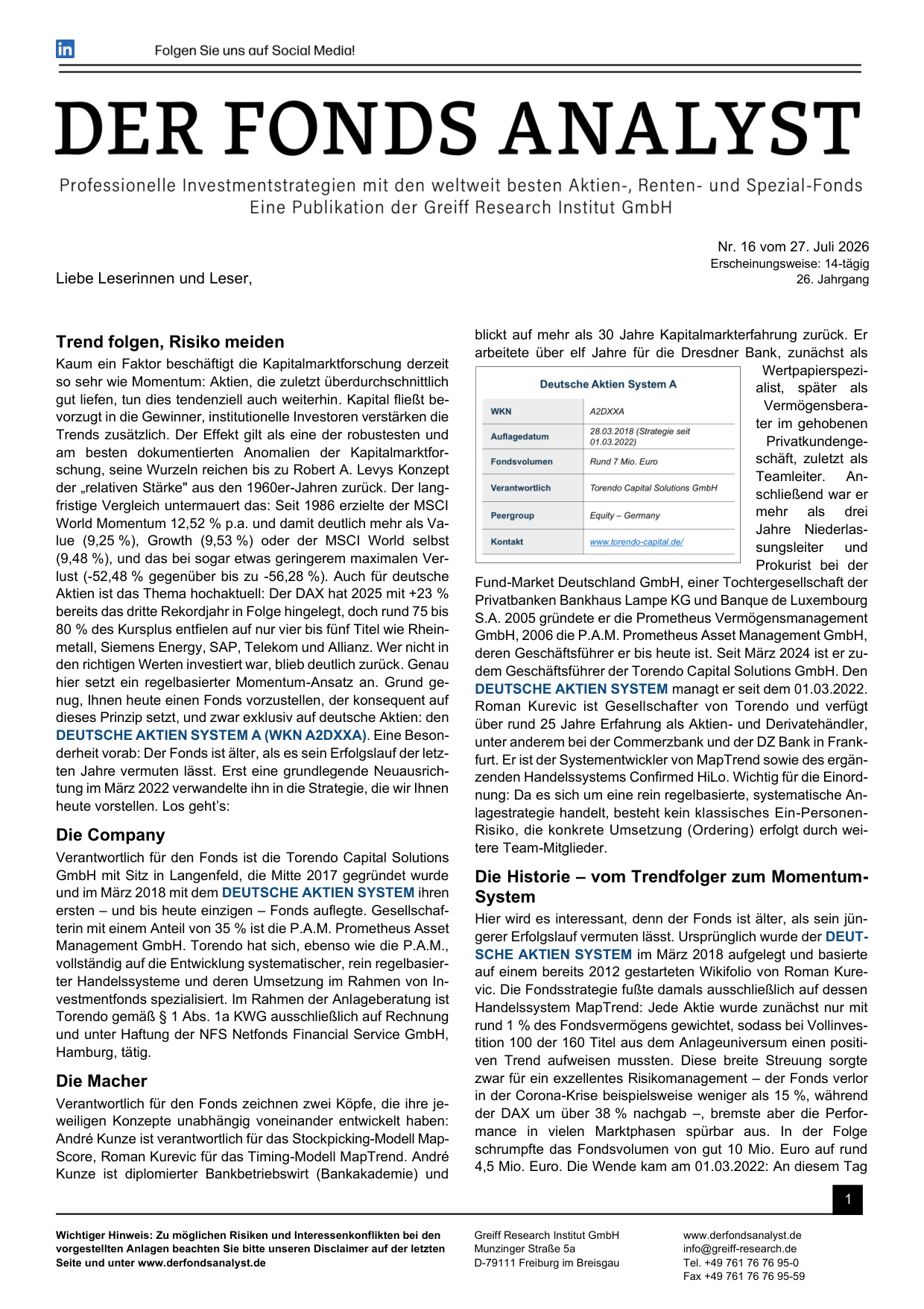 DER FONDS ANALYST: kostenloser Sonderdruck zum Download
