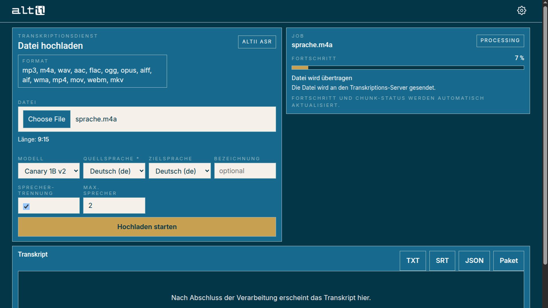 altii ASR: Upload-Seite / upload page